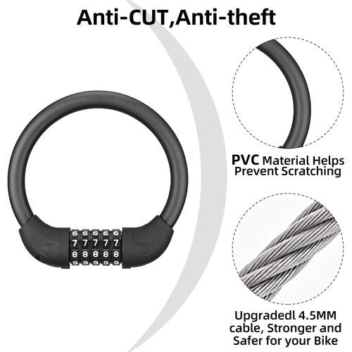 ROCKBROS Bike Lock Cable 5 Digit Combination Bike Cable Lock Anti-Theft Lightweight & Small Bike Lock Black
