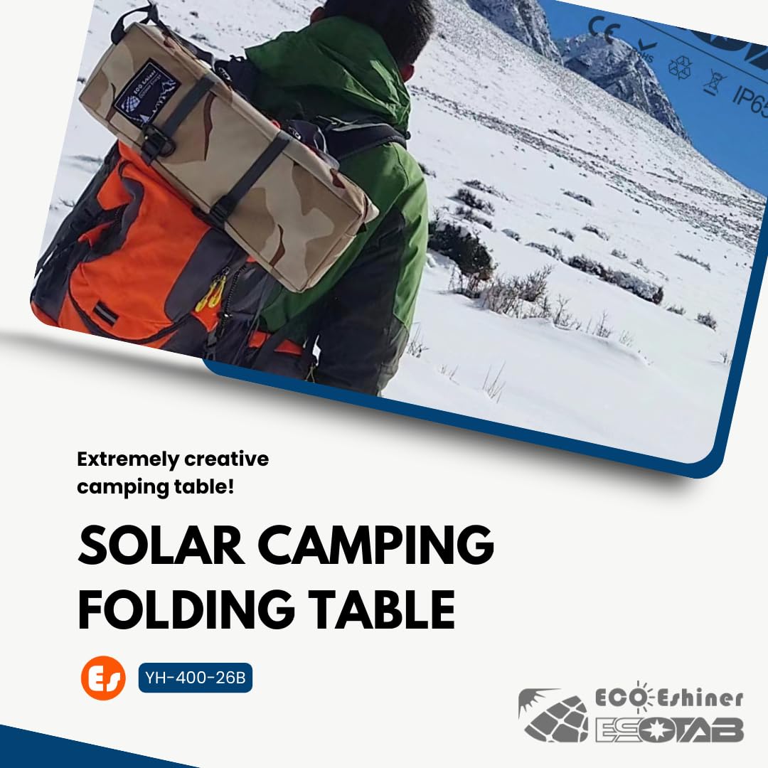 ESOTAB ECOeshiner Solar Folding Table 28W, Camping Table - Solar Charging, Mesh Bag, Two USB Ports, Heat + Water + Splash Resistant, Solar Powered, Beach Table, Picnic Table, Outdoor Table