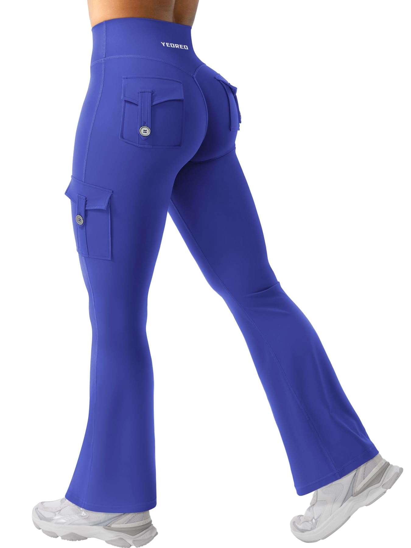 YEOREO CoreFlex Women Workout Flare Leggings with Pockets Scrunch Cargo Gym Yoga Leggings 28" Inseam Dazzling Blue XL