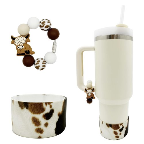 WAFOIRO Brown Highland Cow Silicone Boot Tumbler Handle Decor Cow Print Water Bottle Accessories for 30oz&40oz Stanley Protective Bottom Cover Sleeve（Cowhide）