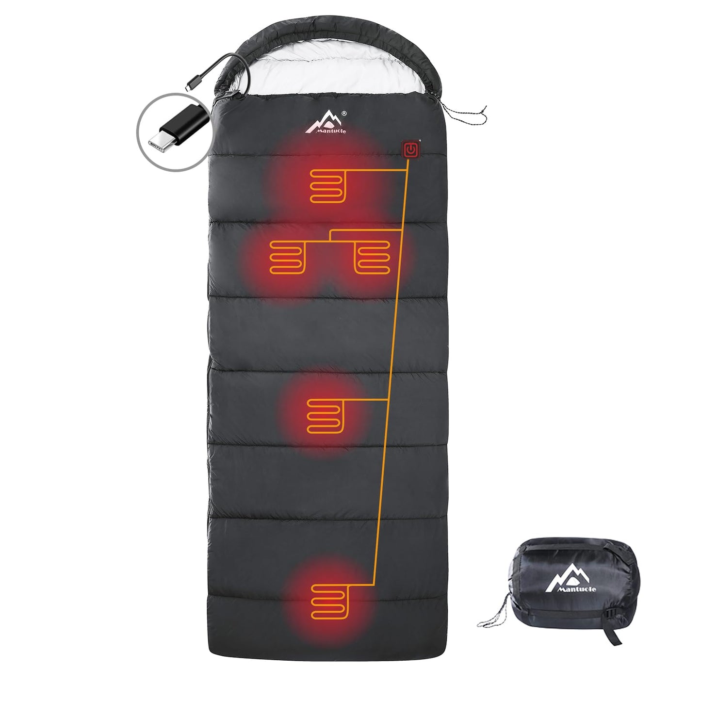 MANTUOLE Rectangular Heated Sleeping Bag, Envelope Style 5 Heated Zones, Operated with Battery or Other Power Supplies with 5V/3A Type-C Output, Battery NOT Included. Envelope-Black-Type-C.