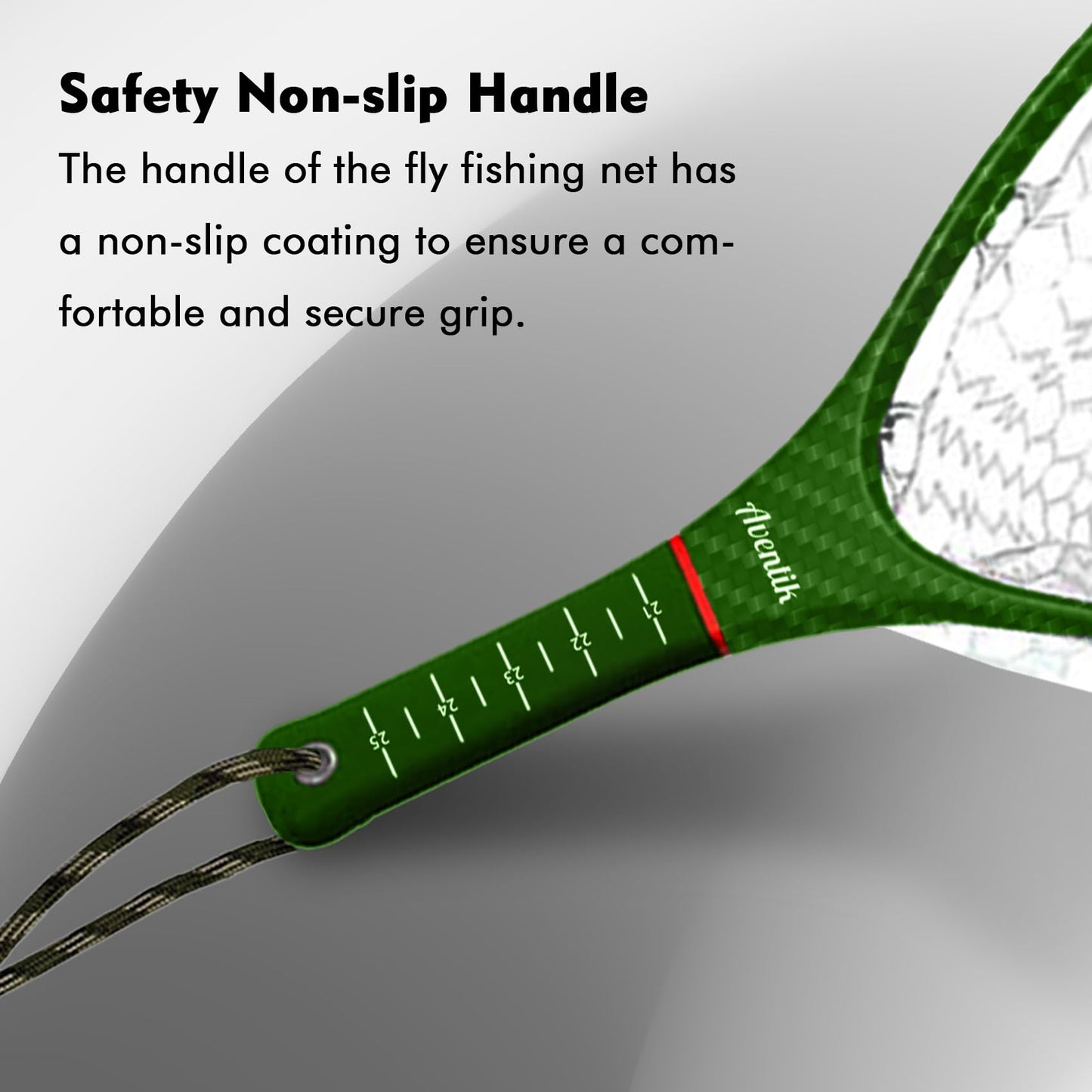 Riverruns Carbon Fiber Landing Net - Fly Floating Fishing Net with Soft Rubber Trout Net and Measuring Lines on The Handle - Lightweight and Durable（Regular Handle/Green/3K）