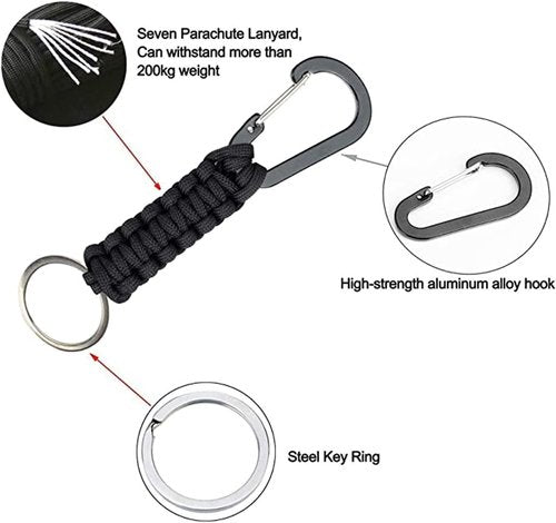 BRAVESHINE Paracord Keychain Carabiner Clip, D Ring Lanyard Hanger Stroller Hook for Water Bottle, Key, Backpacks, Men, Women