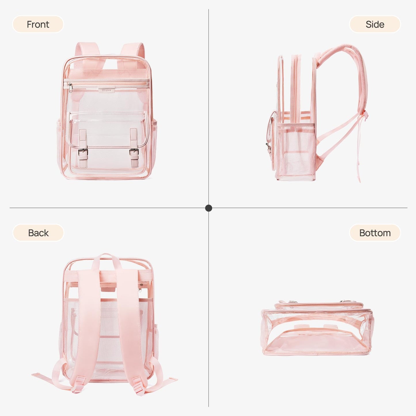 Telena Clear Backpack with Multi-pockets, Heavy Duty TPU Transparent Bag with Reinforced Straps, Large See Through Bookbag for College, Work - Pink