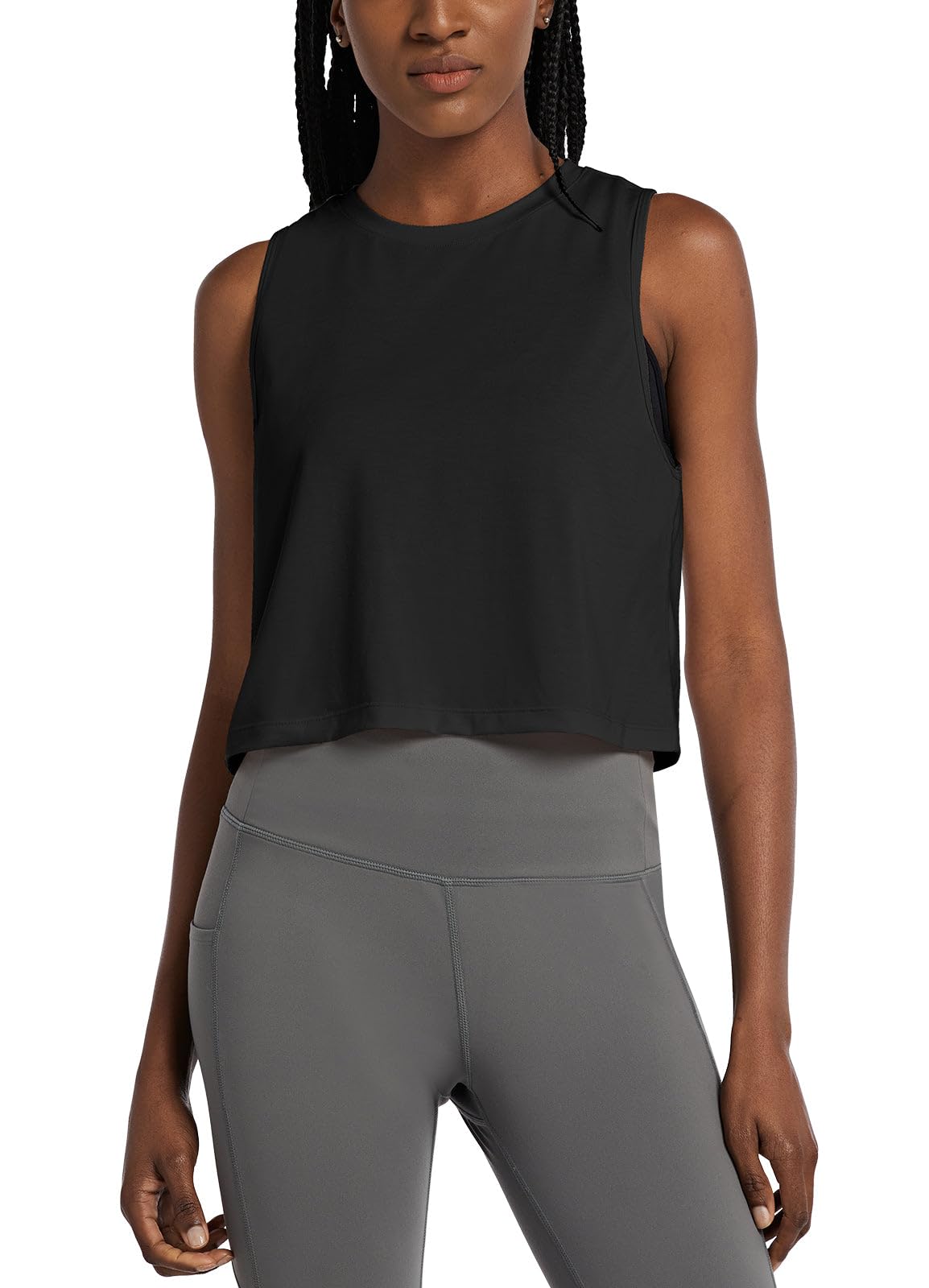 baleaf Workout Tops for Women Crop Tank Top Quick Dry Athletic Gym Exercise Sleeveless Shirts Muscle Yoga Loose Fit Black S