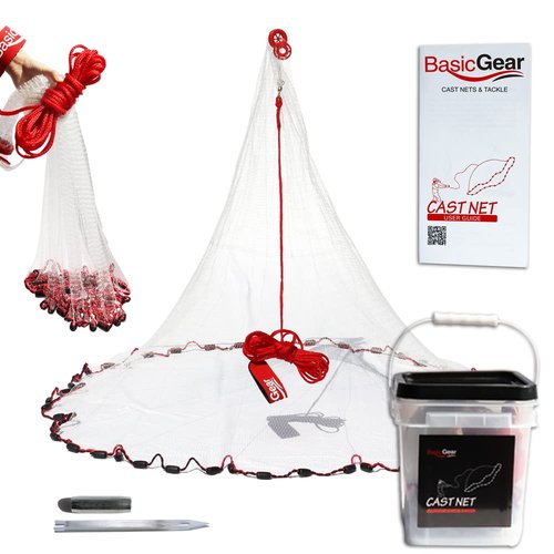 BasicGear Cast Net for Bait Trap Fish, Protected Weights, 5ft Radius with 3/8 inch Mesh for Freshwater and Saltwater, Professional Grade and Upgraded Material, Throw Style