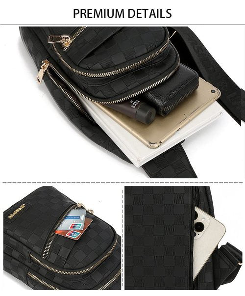 OANEXX Chest Sling Bag Women Crossbody Shoulder Sling Backpack Checkered Chest Fanny Daypack Adjustable (Black-1)