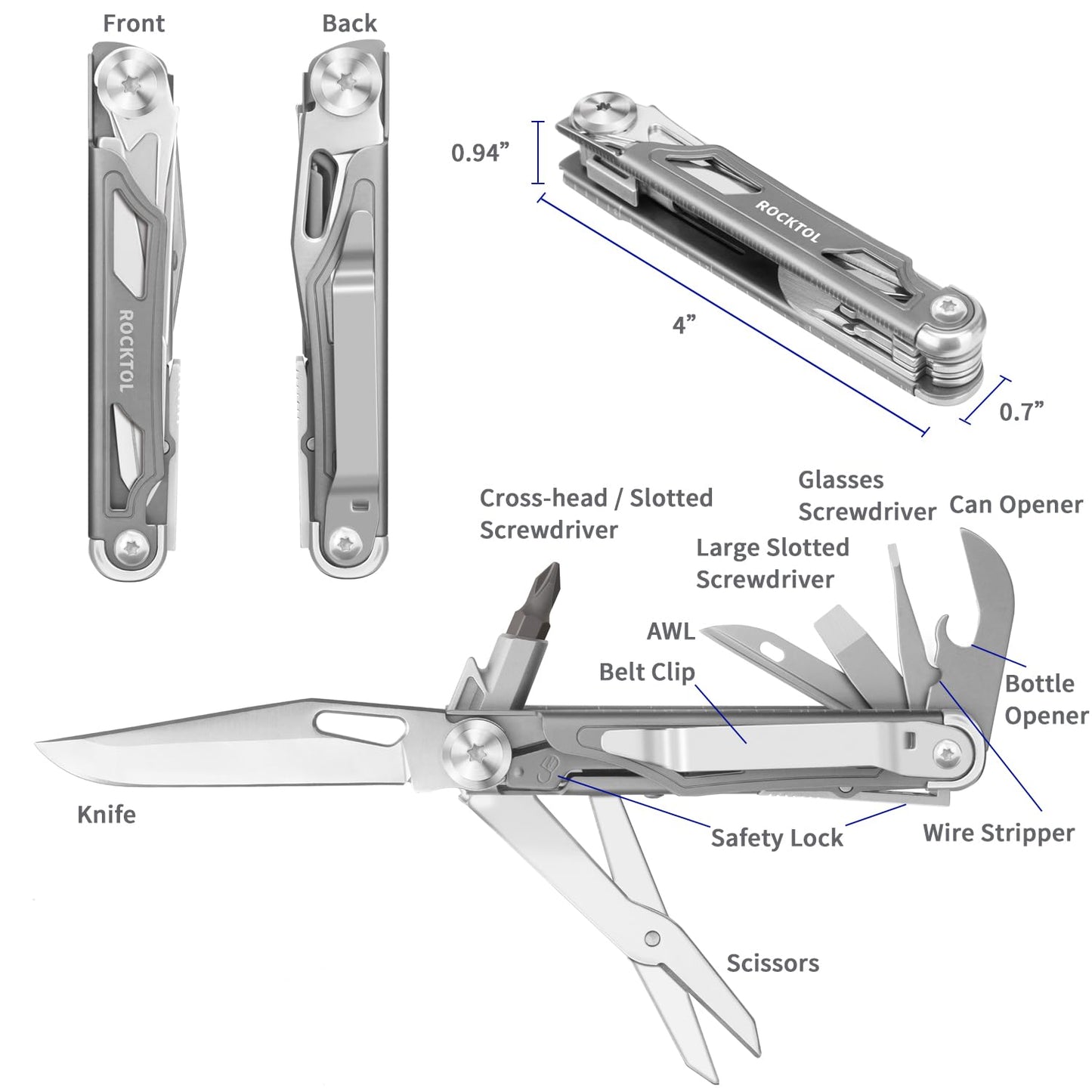 ROCKTOL Multitool Pocket Knife,12-in-1 Multitool Knife,Titanium-Plated Handle,Pocket Clip,Large Scissors,Stainless Steel for Camping, Hiking, Survival, multitool for Men
