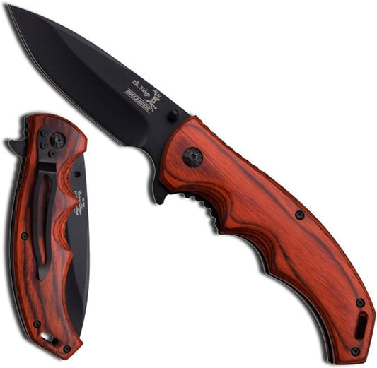 Elk Ridge Ballistic Folding Knife, 3.5-inch Drop Point Blade, Brown Wood Handle, 8.25-inch Overall