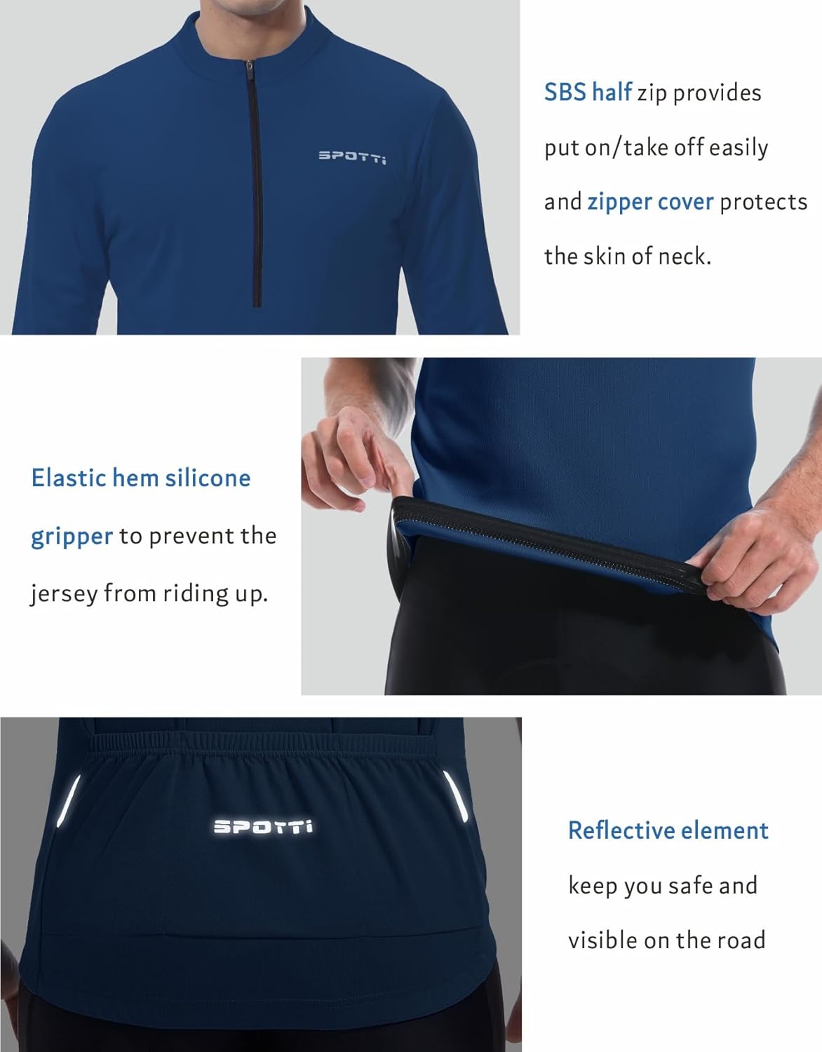 Spotti Men's Cycling Bike Jersey Long Sleeve with 3 Rear Pockets - Moisture Wicking, Breathable, Quick Dry Biking Shirt