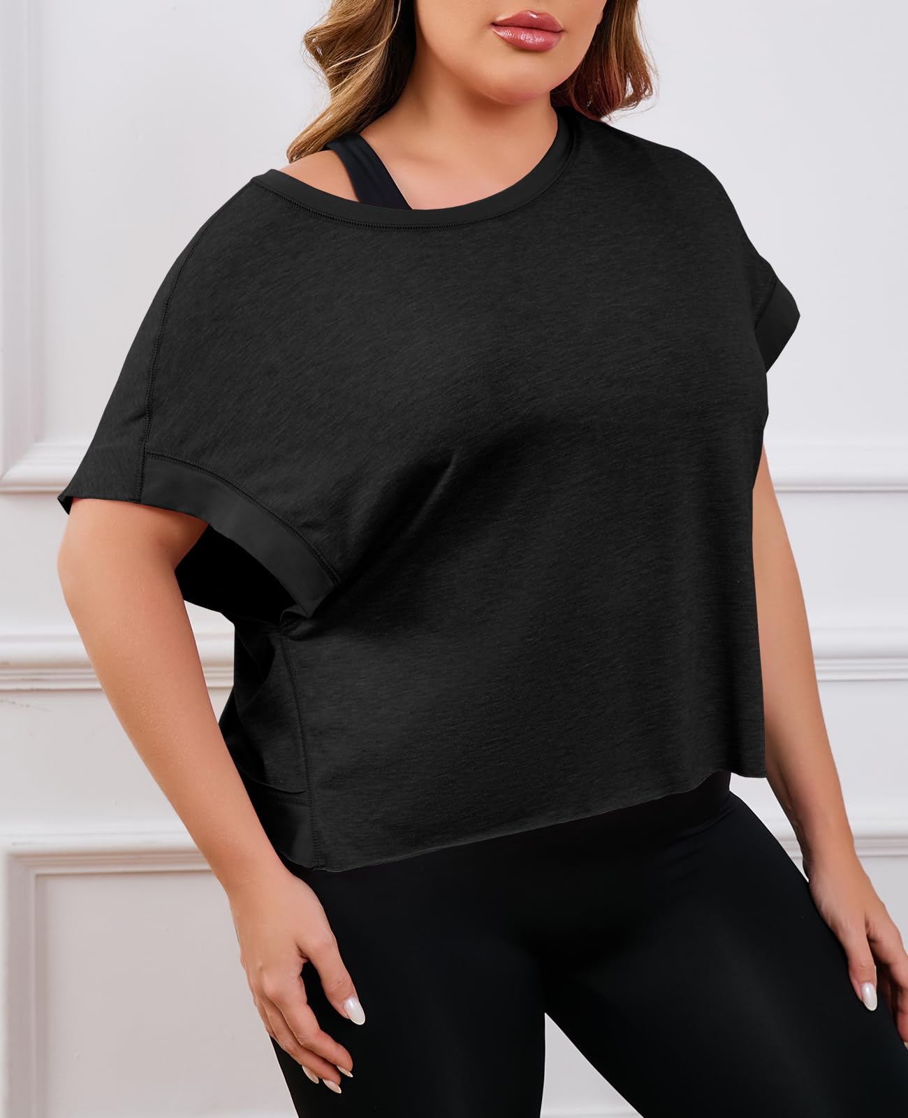 Fisoew Womens Plus Size Open Back Workout Tops Backless Short Sleeve Athletic Shirt Running Crop Top Gym Yoga T-Shirt Black