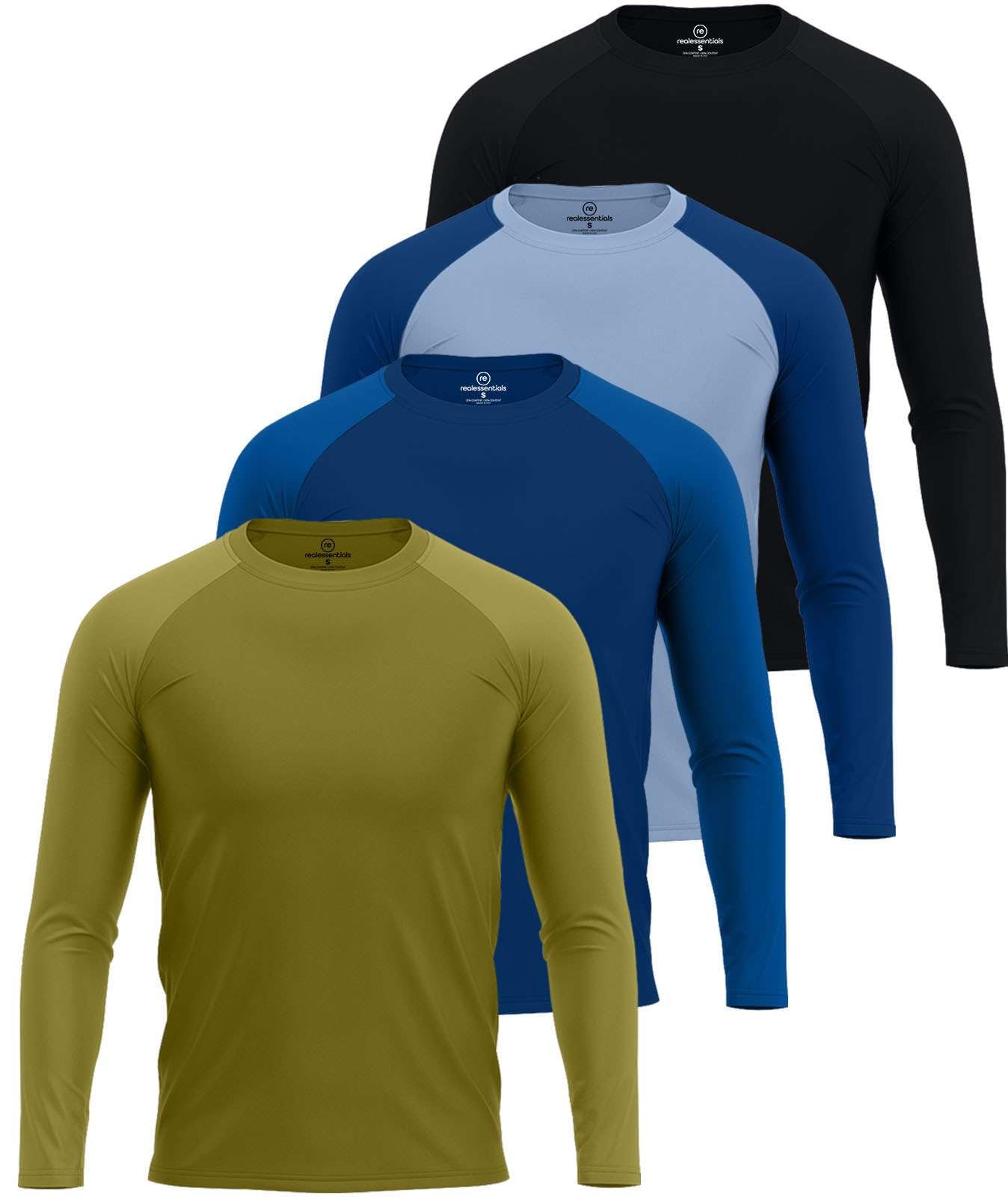 Real Essentials 4 Pack: Mens Long Sleeve Rash Guard Shirt UPF 50+ Swim Beach UV Sun Protection Fishing Quick Dry (Big & Tall)