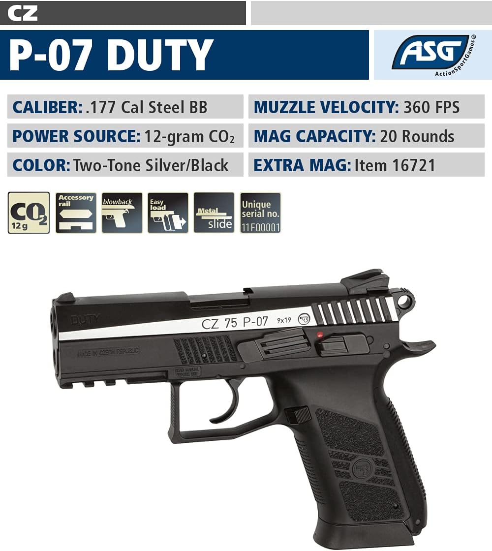 ASG CZ 75 P-07 Duty Black and Two-Tone CO2 BB Gun Pistol .177 Cal Steel, Blowback and Non-Blowback