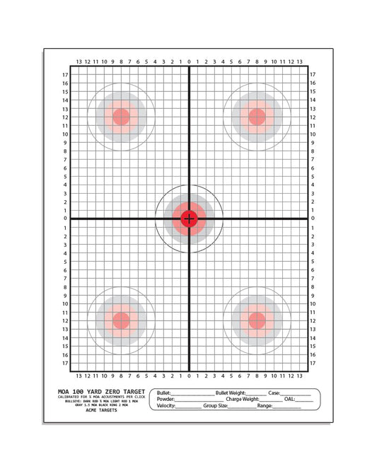 MOA 100 Yard Zero Target Calibrated for ¼ MOA Adjustment per Click. 100 Yard scoped Rifle Target - 25 Targets