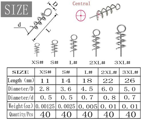 Hyamass 200Pcs 5Sizes Small Soft Lure Bait Spring Twist Lock Outdoor Fishing Crank Hook Centering Pin for Soft Lure Bait Worm Crank（11mm,14mm,18mm,22mm,26mm）