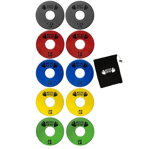 Micro Gainz 1-Inch Center Hole Standard Fractional Weights Plate Sets, 10 Piece Dumbbell & Barbell Set of Plates with Bag for Strength Training and Weight Lifting, Made In USA (Multi-Color)