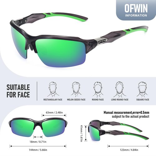 Ofwin Polarized Sports Sunglasses for Men Women Wrap Around Half Frame Cycling Fishing Bike Running Sun Glasses UV Protection Bright Clear Gray Frame/Green Mirror Lens