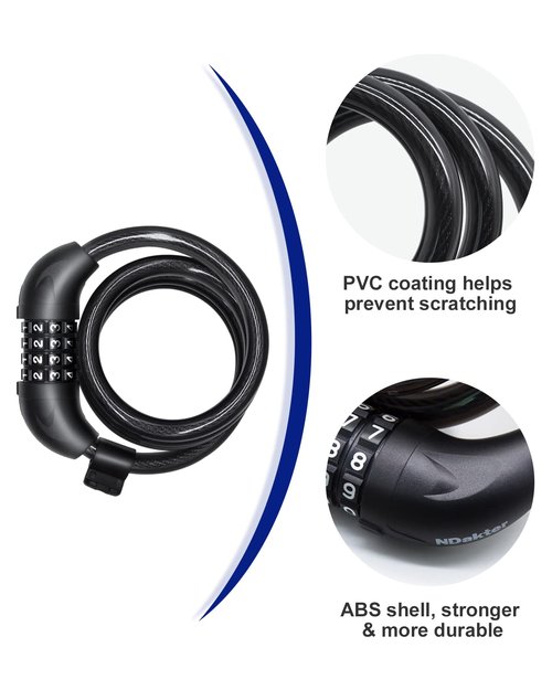 NDakter Bike Lock, 4FT Electric Scooter Combination Cable Lock with Mounting Bracket,Ideal Anti Theft Bicycle Locks for Mountain Bike, Road Bike, Electric Bicycle(12mm)