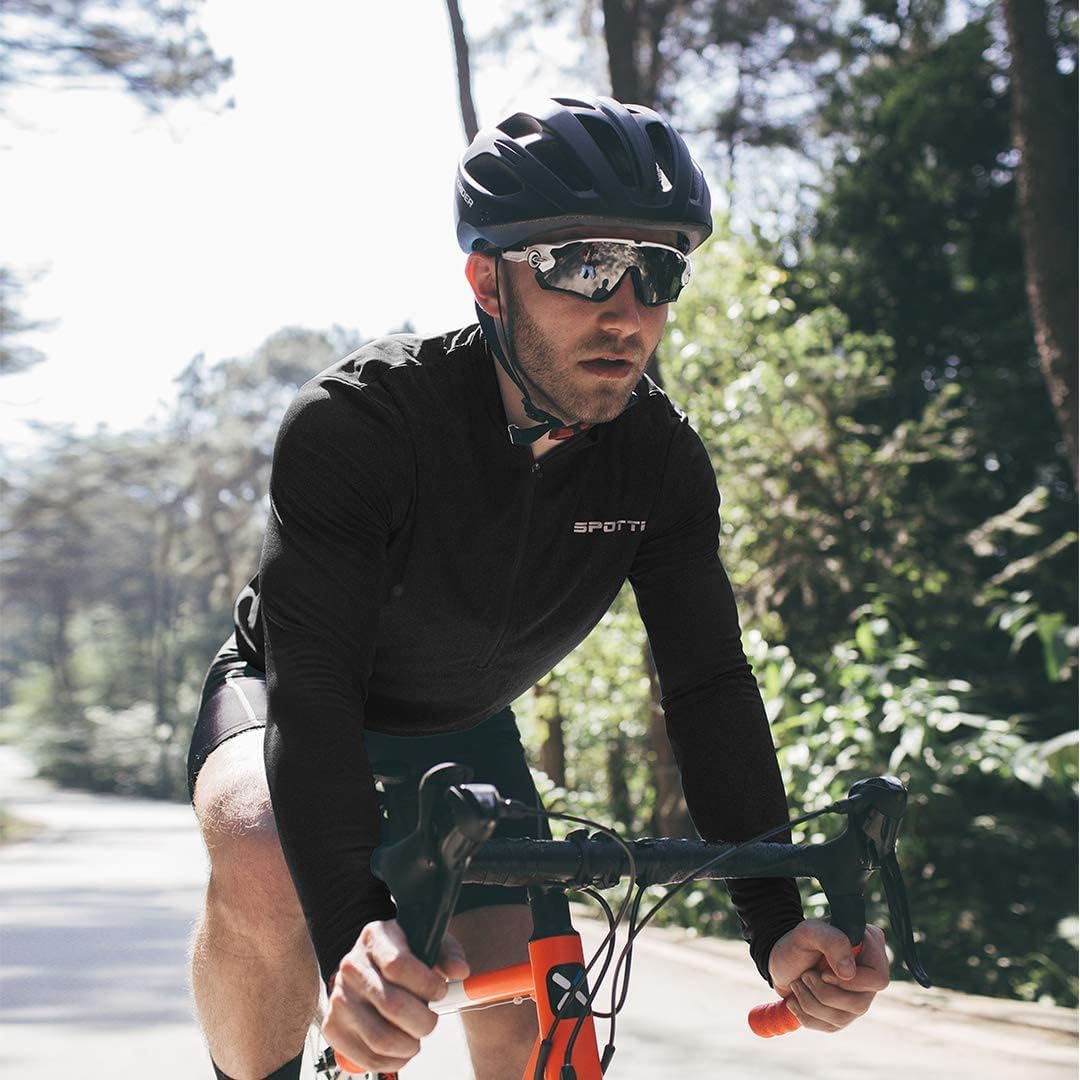 Spotti Men's Cycling Bike Jersey Long Sleeve with 3 Rear Pockets - Moisture Wicking, Breathable, Quick Dry Biking Shirt