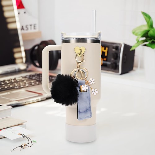 Water Bottle Boots Cover Mini Hooks Lipstick Sleeve Pouch Pom Daisy Charm Keychain Compatible with Stanley Tumbler, Siliocne Water Bottle Boots for Stanley Tumbler Cup 40oz.(Hot Pink)