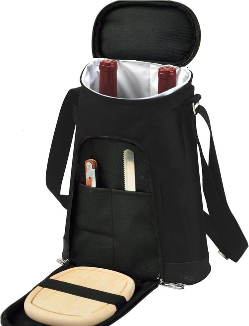Insulated Wine Tote Bag with Cheese Board & Corkscrew - 2 Bottle Capacity, Olive Tweed