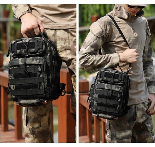 RTGGSEL Men's Camouflage Tactical Sling Shoulder Bags Travel Military MOLLE EDC Crossbody Chest Bag with USB Charging Port (String Black Camo)