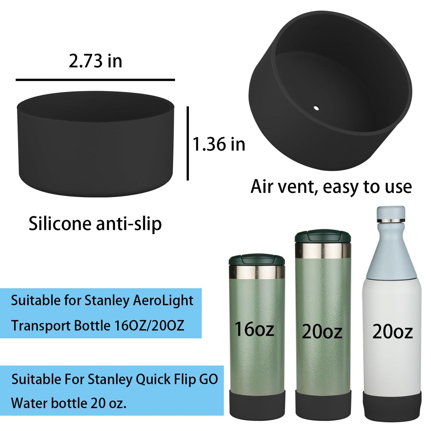 2PCS Silicone Water Bottle Boot for Stanley All Day Slim Bottle 20oz, Anti-Slip Protective Sleeve Bottom Bumper Protector for Stanley AeroLight Transit Bottle (Black)