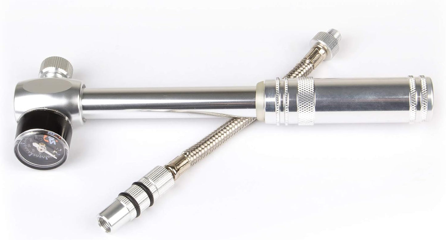 SKS GERMANY MSP Dämpferpumpe (Mountain Suspension Pump), Luftpumpe Fahrrad (Fahrradpumpe mit abschraubbarem Stahlflexschlauch, Druck max.: 20 bar / 290 PSI, Ventilanschluss: AV), Silber, 10 x 3 x 3 cm
