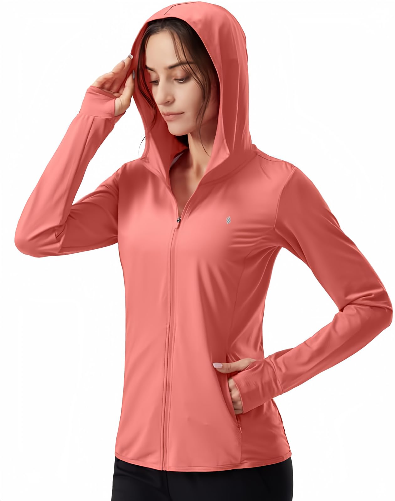 Soothfeel Women's UPF 50+ Sun Protection Hoodie Jacket Lightweight Long Sleeve Sun Shirt for Women with Pocket Hiking Outdoor(Coral, L)