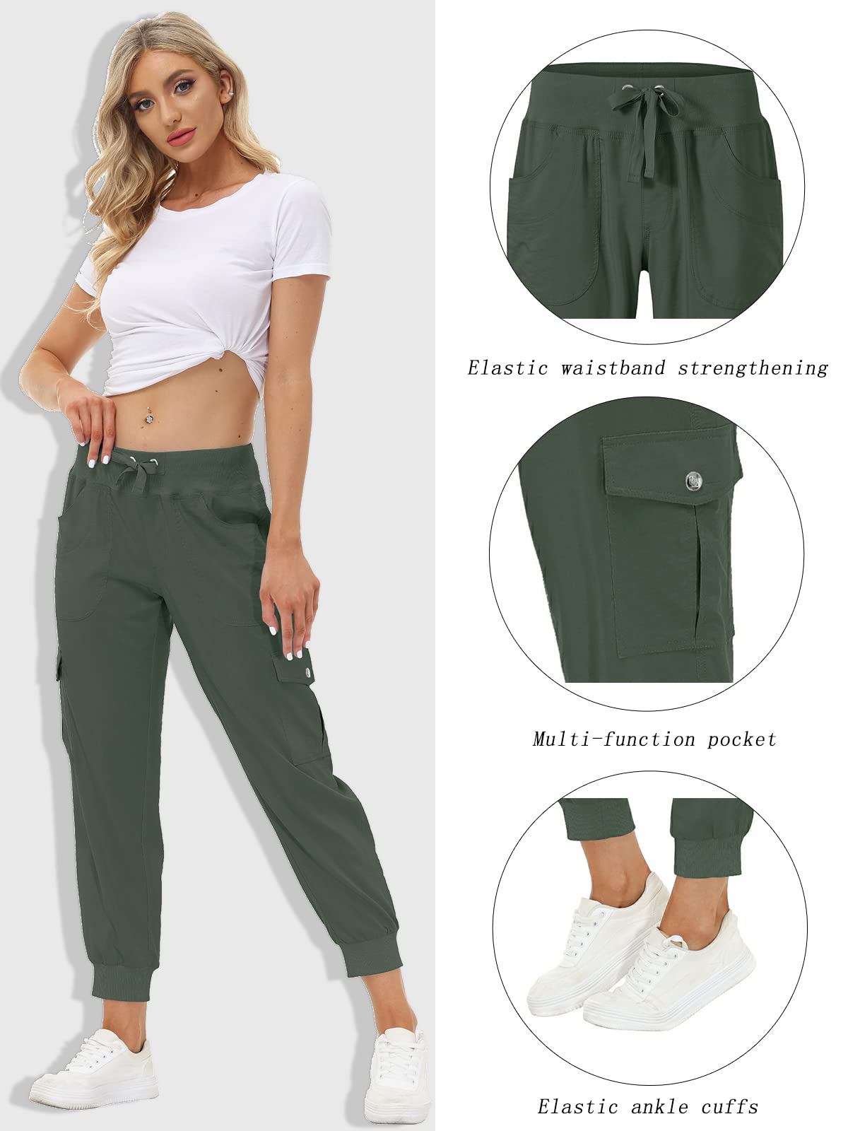 MoFiz Women's Hiking Pants Cargo Joggers Sweatpants with Pockets Lightweight Quick Dry Outdoor Summer Casual Athletic Elastic Waist Army Green M