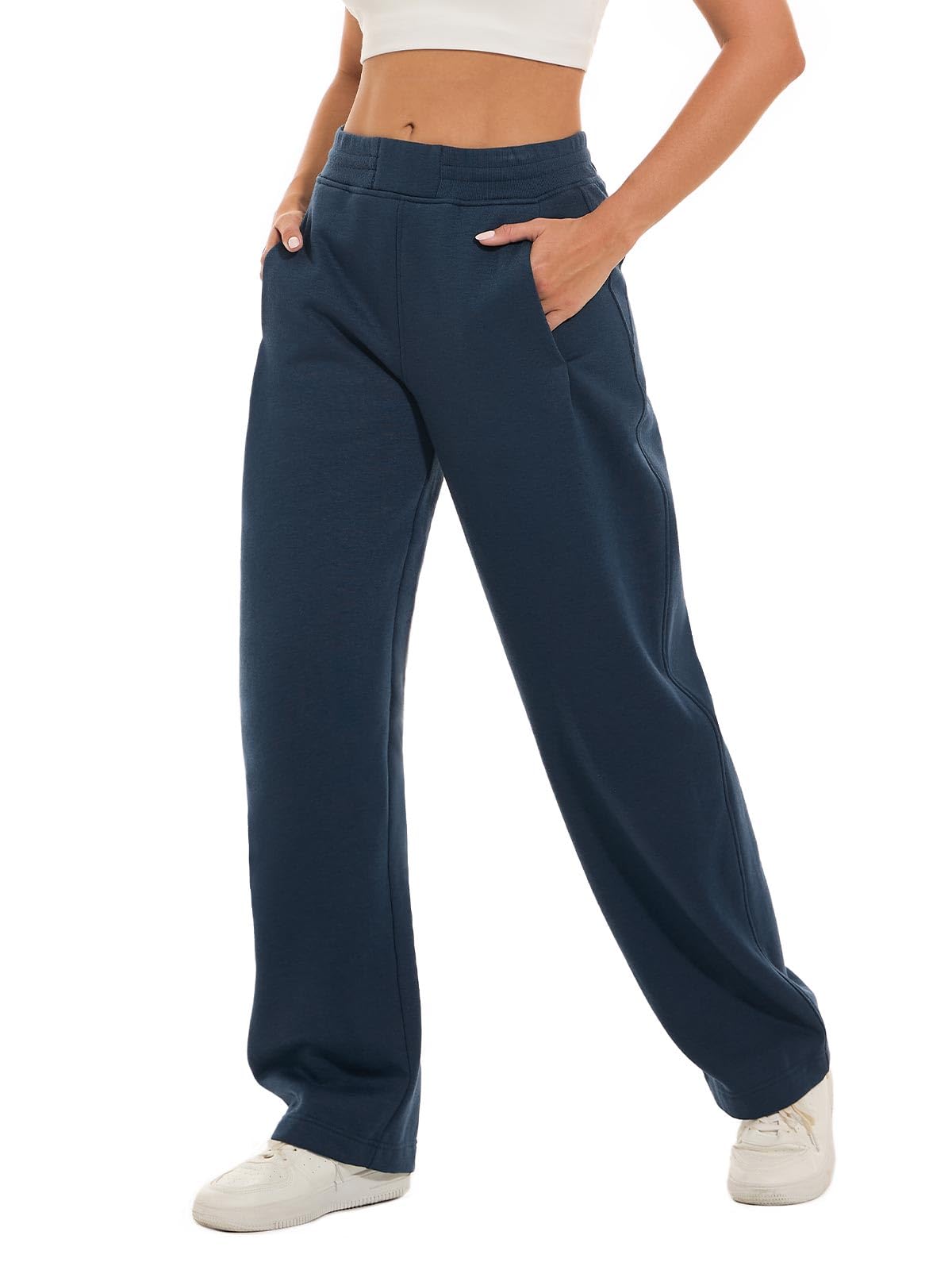 HOdo 32"/34" Inseam Womens Tall Sweatpants Fleece Joggers for Women Wide Leg Pants with Pockets for Workout Navy-34-M
