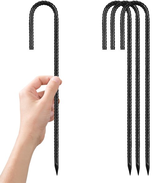 Rebar-Stakes-12Inch,J Hooks Ground Stakes Anchors for Gardening Black Coated Ground Stakes 4pcs Anti-Rust Heavy Duty Dog Fence Fixed Water Pipes Soccer Goals Tent Camping Trampoline