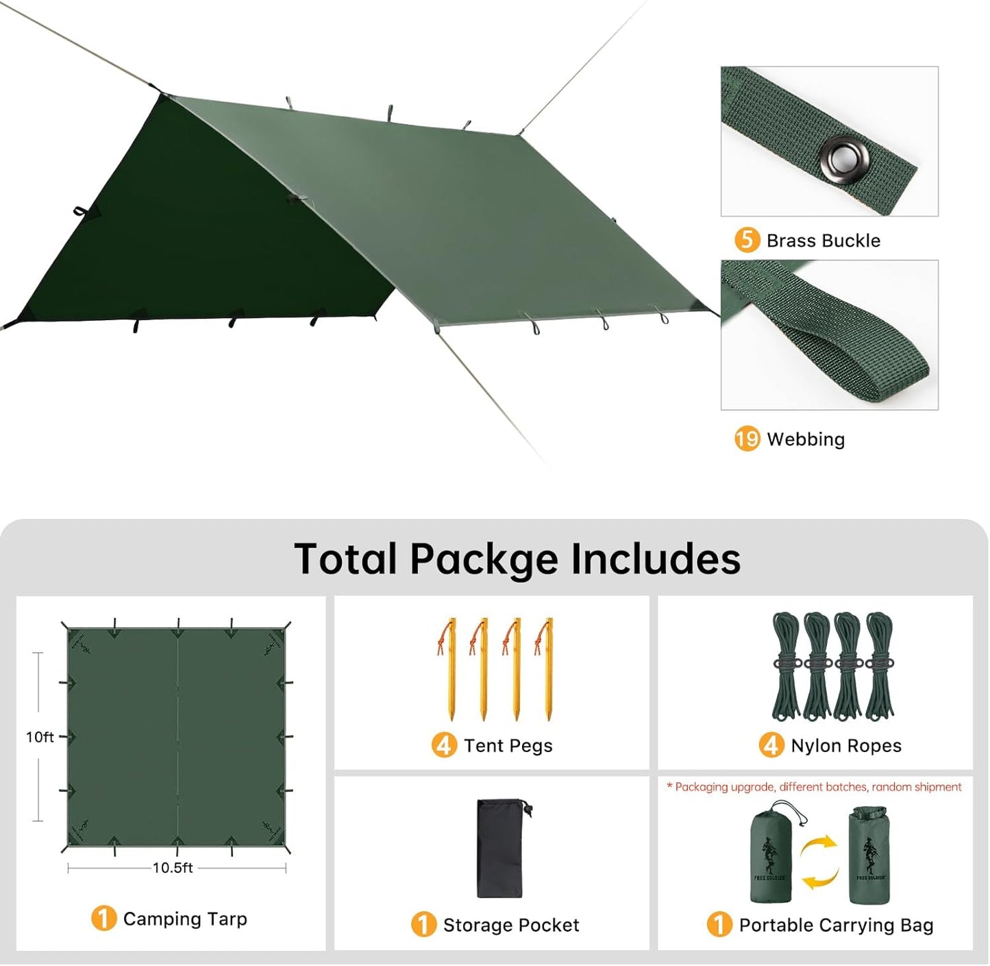 FREE SOLDIER Waterproof Portable Tarp Multifunctional Outdoor Camping Traveling Awning Backpacking Tarp Shelter Rain (Brown 10×10.5ft)