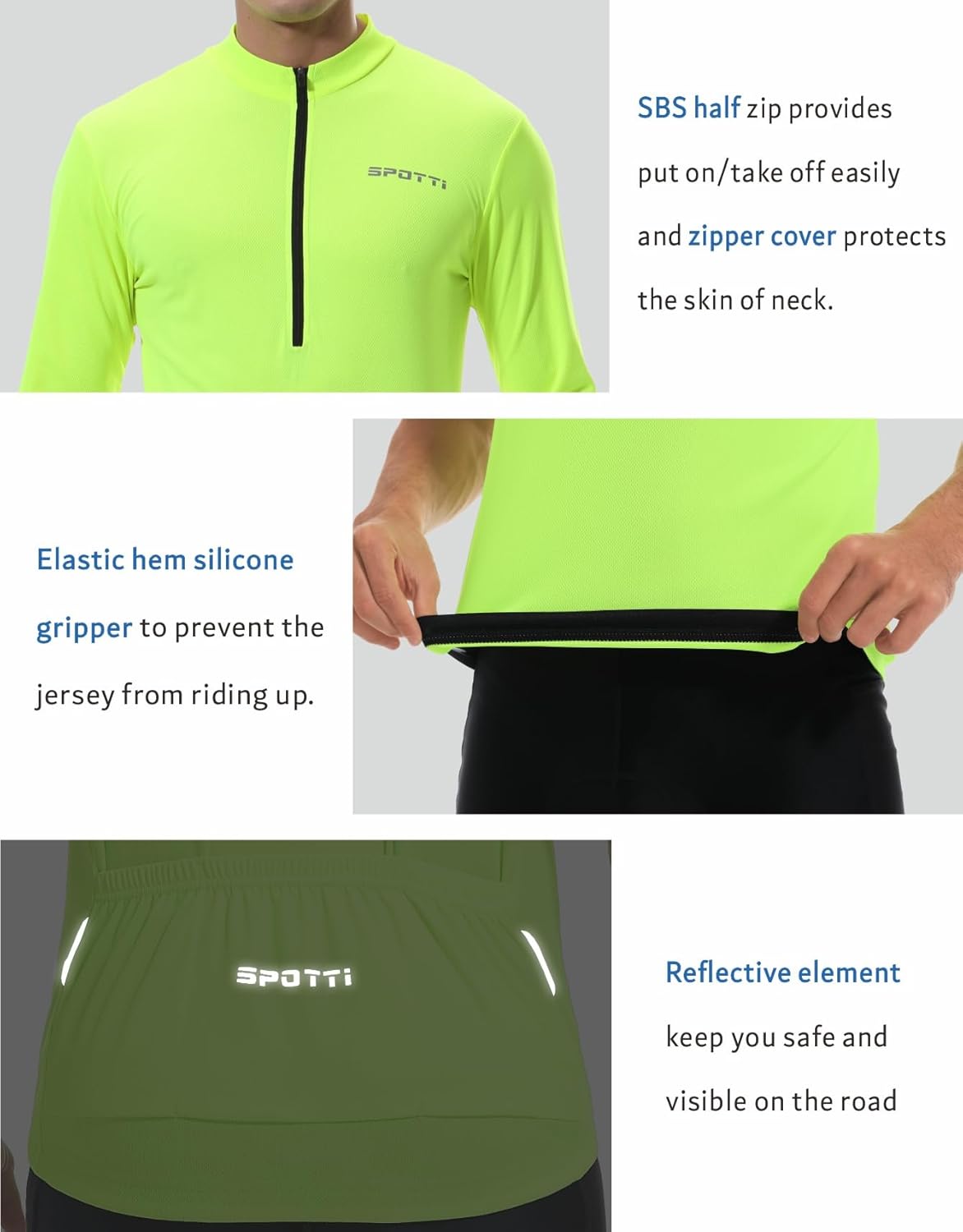 Spotti Men's Cycling Bike Jersey Long Sleeve with 3 Rear Pockets - Moisture Wicking, Breathable, Quick Dry Biking Shirt