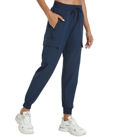 Womens Cargo Pants with Pocket Quick Dry Workout Athletic Joggers Drawstring Travel Casual Outdoor Camping Hiking Pants(Navy Blue M)