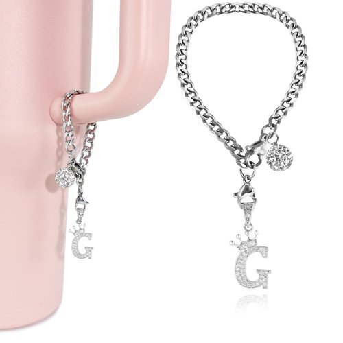 LUHOHI Silver Letter Charms for Stanley Cup- Crown Letter Charms Accessories for Stanley Handle 40Oz Tumblers Water Bottle Cup Initial Keychain with Diamond Glitter Jewelry Personalized Decorations G