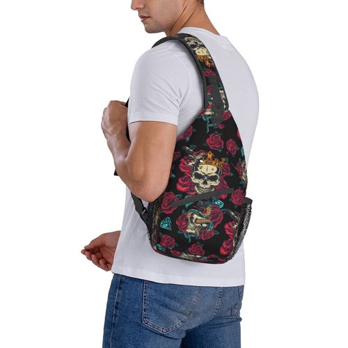 Skull Red Roses Sling Backpack For Men Snake Eagle Hiking Daypack Crossbody Shoulder Bag Travel Chest Pack