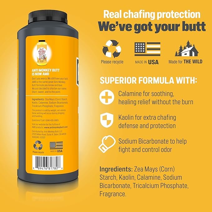 Anti Monkey Butt Body Powder for Women & Men - Talc-Free, Hypoallergenic Formula for Anti-Chafing & Anti-Itch Relief - Absorbs Sweat & Fights Friction with Calamine - 8 oz - 2-Pack