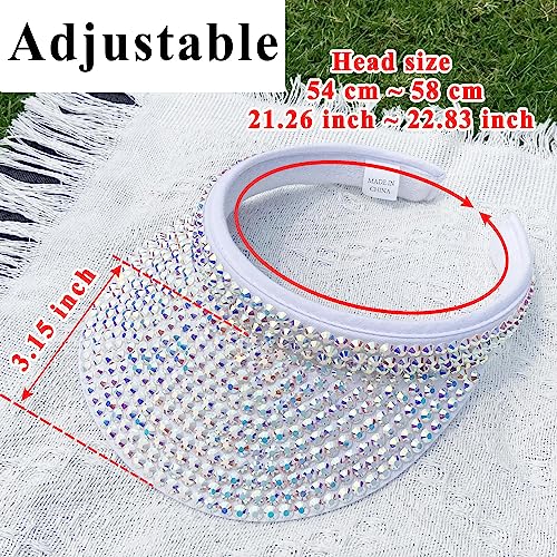 Sun Visors Hats Women & Men Rhinestones Clip-On Adjustable Beach Cap - White 6 3/4-7 1/4