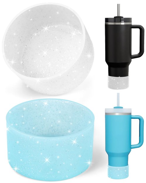 WeLiu 2 Packs Glitter Silicone Boots Bottom Covers for Stanley Quencher H2.0 20-40 oz Tumbler, Stanley IceFlow Flip 20 oz 30 oz, Hydro Flask Water Bottle 12-24 oz (Blue, Translucent Silver)