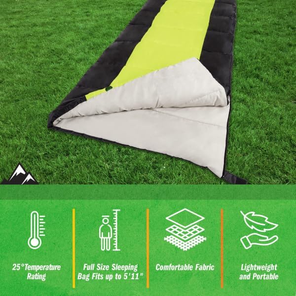 Sleeping Bag - 3 Season Warm and Cool Weather Sleeping Bags for Adults, Teens, and Kids - Lightweight Compact Spring Summer Fall Camping Sleeping Bag - Camping Essentials by Wakeman (Neon Green)