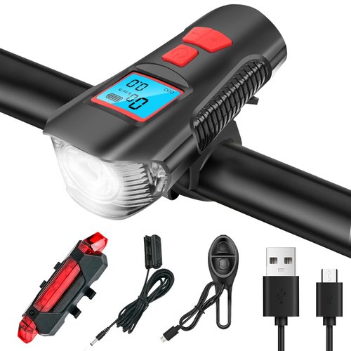Super Bright 6-Bead LED Multi-Functional Waterproof Bicycle Light Set, USB Charging, Bicycle Headlight and Rear taillight, Intelligent Power Display and six Horn Sounds, Suitable for Night Riding