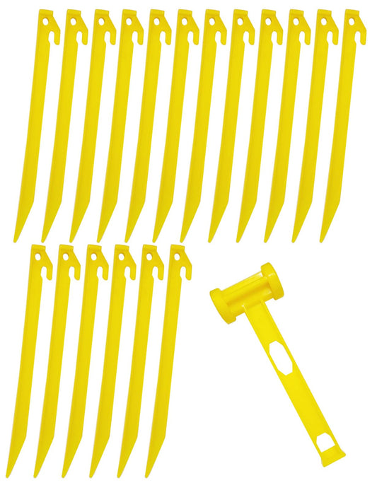 18x Heavy Duty Extra Long 13-3/4" Plastic Tent Awning Pegs, Tent Stakes, Sand Stakes with 1x Hammer for Beach Camping Caravan