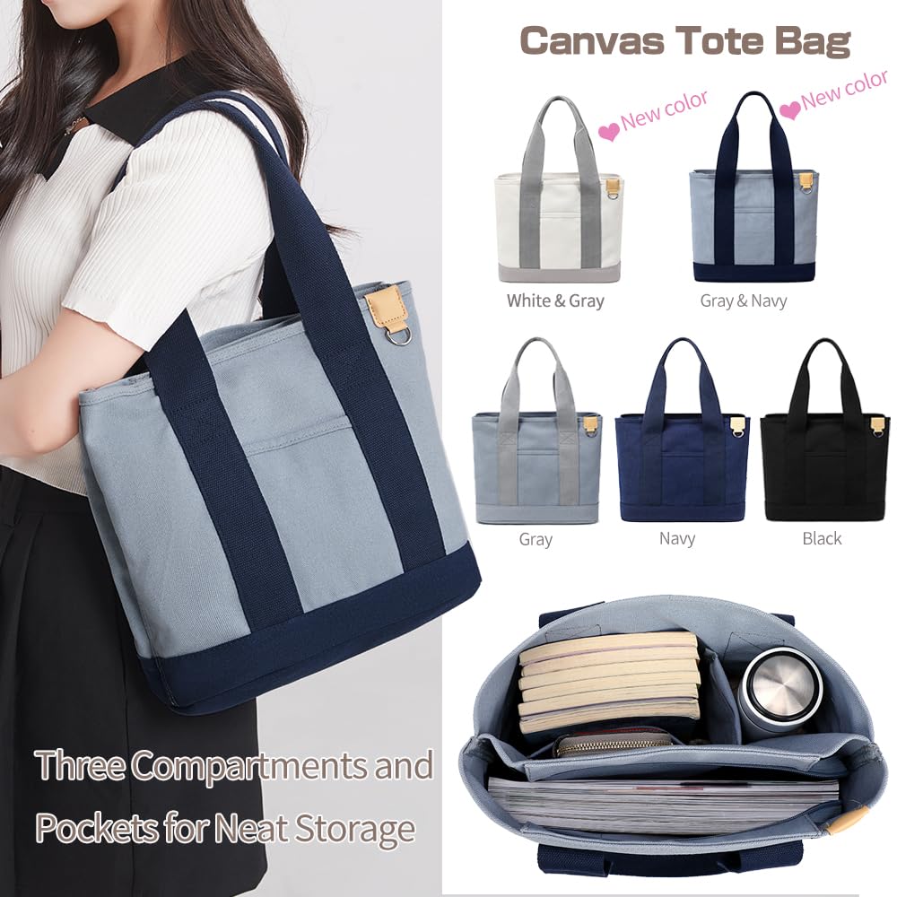 MIPOHAM Canvas Tote Bag for Women, Small Tote Bag with Zipper, 12.5 x 10.8 x 5.9 inches, Black