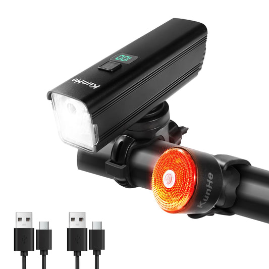 KUNHE 1200 High Lumens 4500 mAh Super Bright USB-C Rechargeable Bike Headlight & Tail Light Set Aluminium Alloy Super Bright Bike Light for Night Riding
