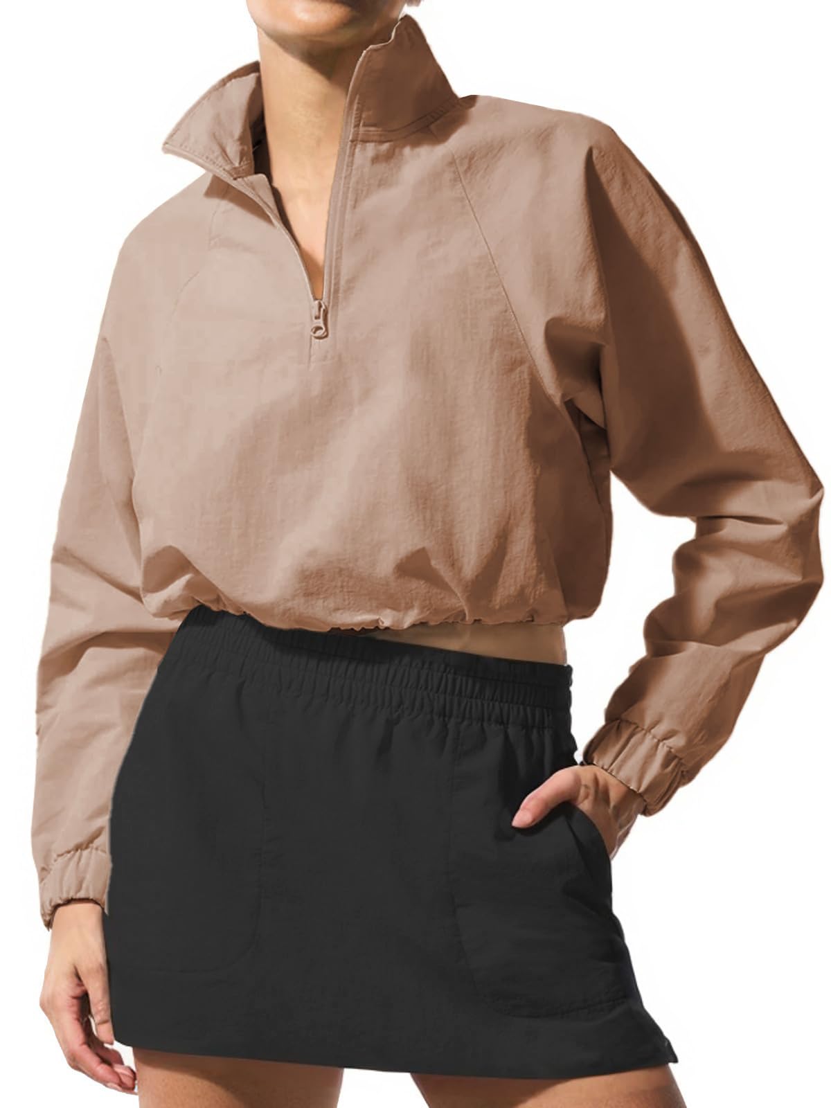INFITTY Women's Workout Jacket Lightweight Zip Up Yoga Jacket Cropped Athletic Casual Loose Pullover Tops Cream Coffee L