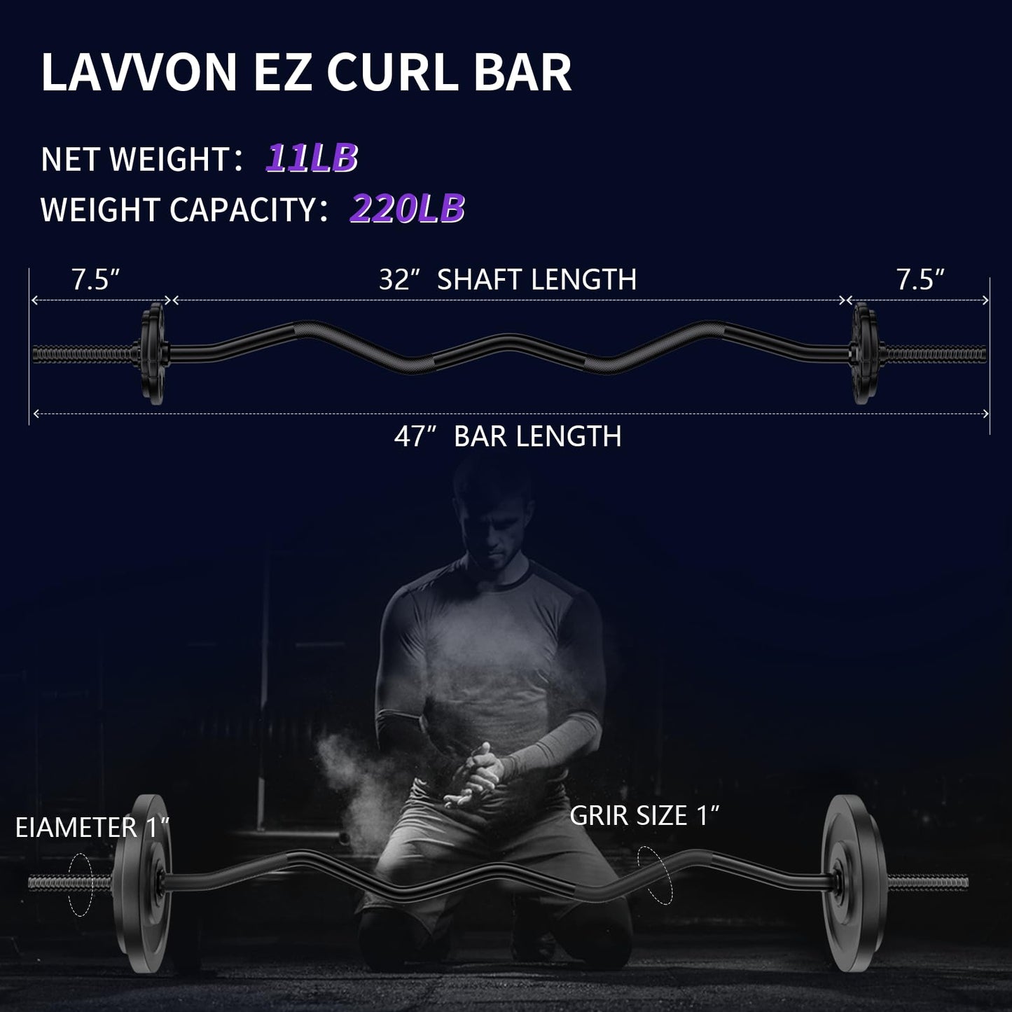 47" EZ Curl Bar Weight Lifting Bar, 1-inch Curling Bars for Weight lifting, Barbell bar for Hip Thrusts/Squats/Lunges for Gym and Home, With 2 Star Double Risk Star-nuts (220lb Weight Capacity) (Black)