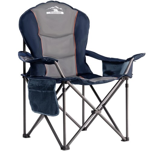 Tisetrail Oversized Camping Chair Folding Chair with Cooler Padded Outdoor Chairs Heavy Duty Support 500 LBS Steel Frame Collapsible Arm Chair with Cup Holder Blue & Gray