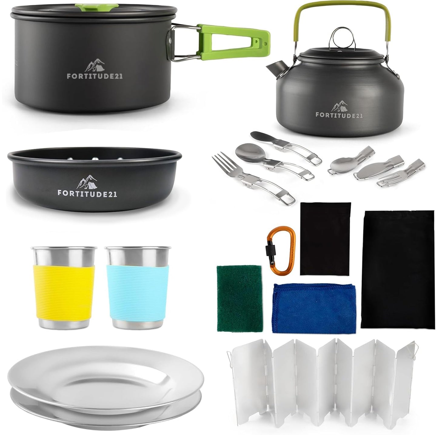 Fortitude21 Camping Cookware Set - 19-Piece Lightweight Backpacking Cookware with Pots, Pans, Utensils - Compact Outdoor Cooking Kit for Camping, Hiking, Backpacking & Survival