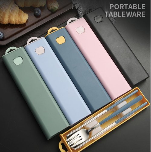 Pretihome 3 Pieces Portable Travel Utensils with Case 18/8 Stainless Steel Silverware Set for Camping Office School Lunch Including Chopsticks Fork Spoon Dishwasher Safe (Light Blue)